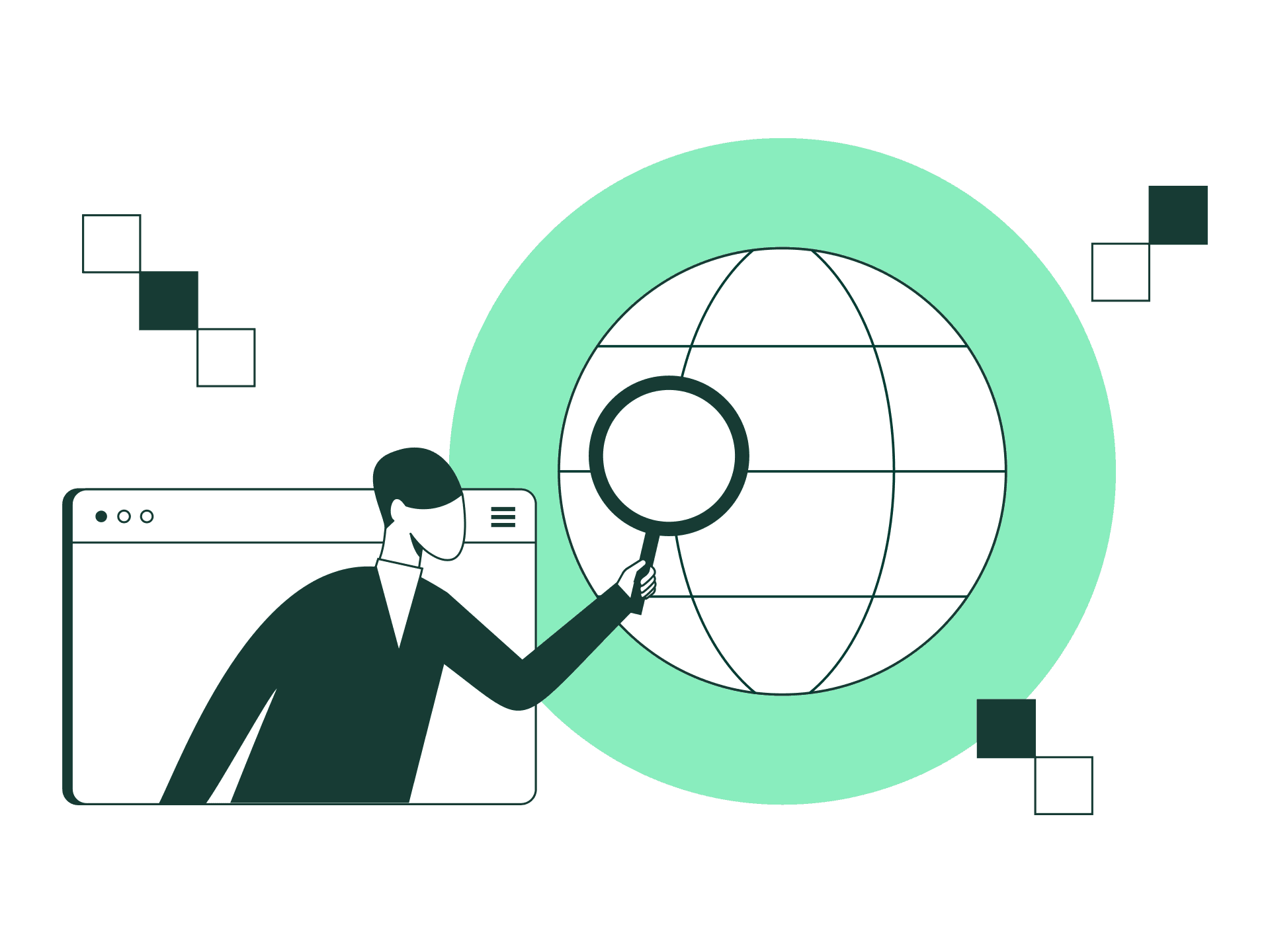 Illustration of a person with a magnifier glass hovering over planet earth